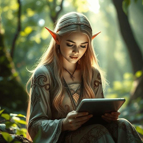 Pessoa lendo em um tablet, sentada em uma floresta iluminada pelo sol
